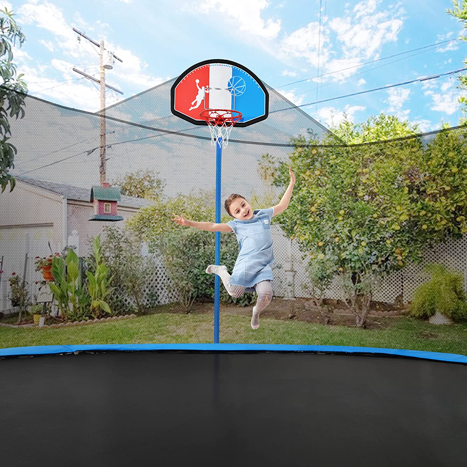 for Dunk,Easy to Assemble Metal Rim Fit for Most Types of Trampoline Poles Came with Foam Protection HIWOKK Poncho Trampoline Basketball Hoop with 2 Mini Ball and Pump Included 